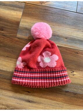 Small kids Pink Floral Pom Pom Beanie Hat
